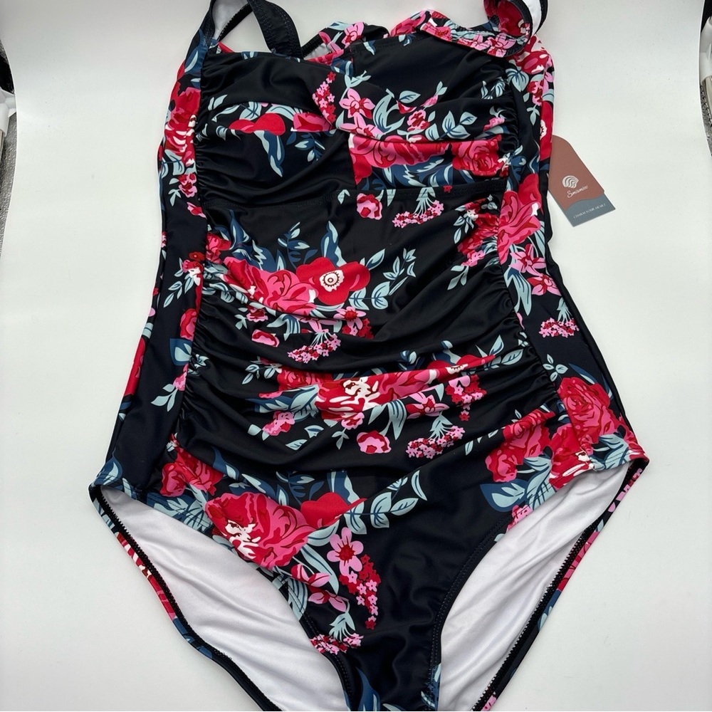Smismivo tummy control swimwear halter one piece ruched black with roses size L